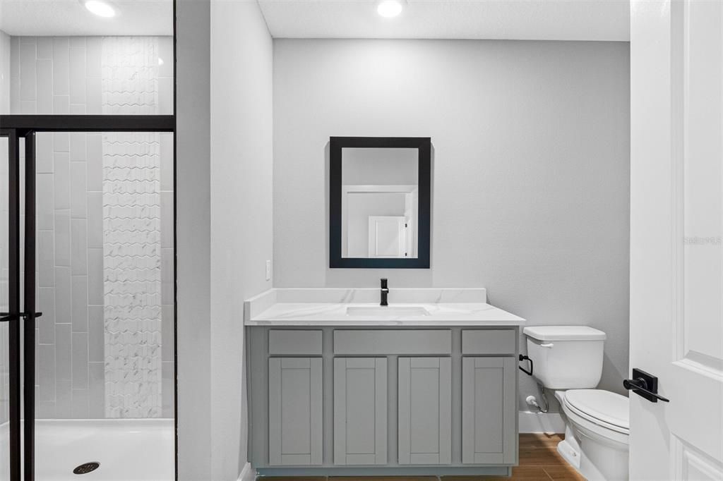 Bathroom, Interior, Recessed Lighting, Wood Texture Flooring