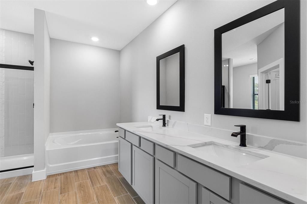 Bathroom, Dual Sink Vanities, Interior, Recessed Lighting, Wood Texture Flooring
