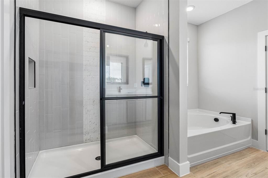 Bathroom, Glass Shower, Interior, Recessed Lighting, Wood Texture Flooring