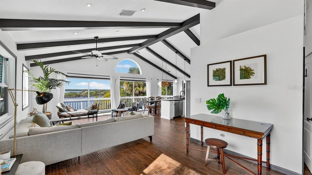 Interior, Living room, Recessed Lighting, Water, Wooden Beams, Wood Texture Flooring