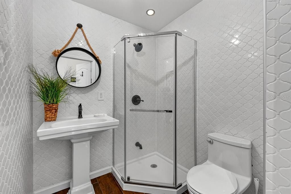 Bathroom, Glass Shower, Interior, Recessed Lighting, Wood Texture Flooring