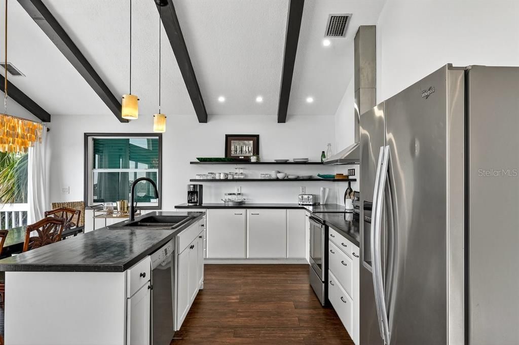 Interior, Kitchen, Pendant Lights, Recessed Lighting, Stainless Steel Appliances, Wooden Beams, Wood Texture Flooring