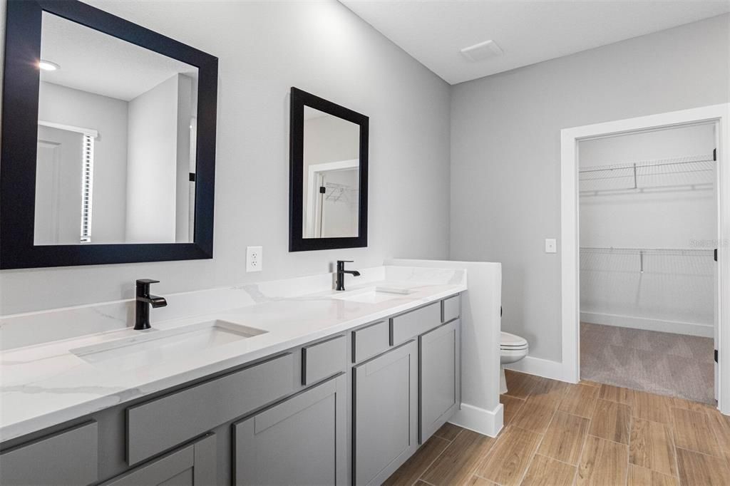 Bathroom, Dual Sink Vanities, Interior, Recessed Lighting, Wood Texture Flooring