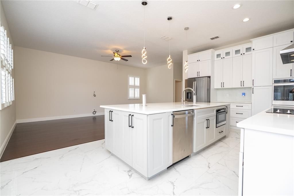 Interior, Kitchen, Marble, Pendant Lights, Recessed Lighting, Stainless Steel Appliances