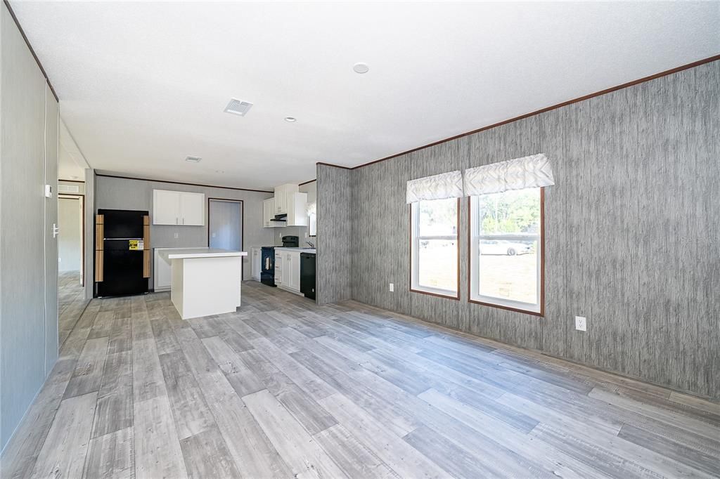 Empty room, Interior, Kitchen, Recessed Lighting, Wood Texture Flooring