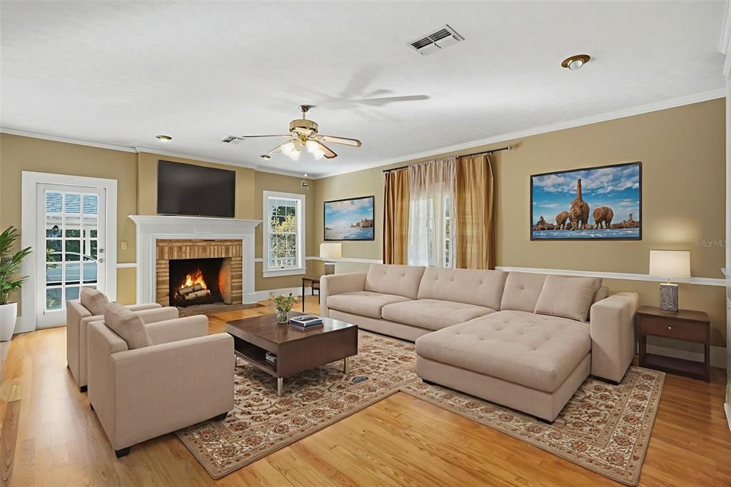 Fireplace, Interior, Living room, Recessed Lighting, Wood Texture Flooring