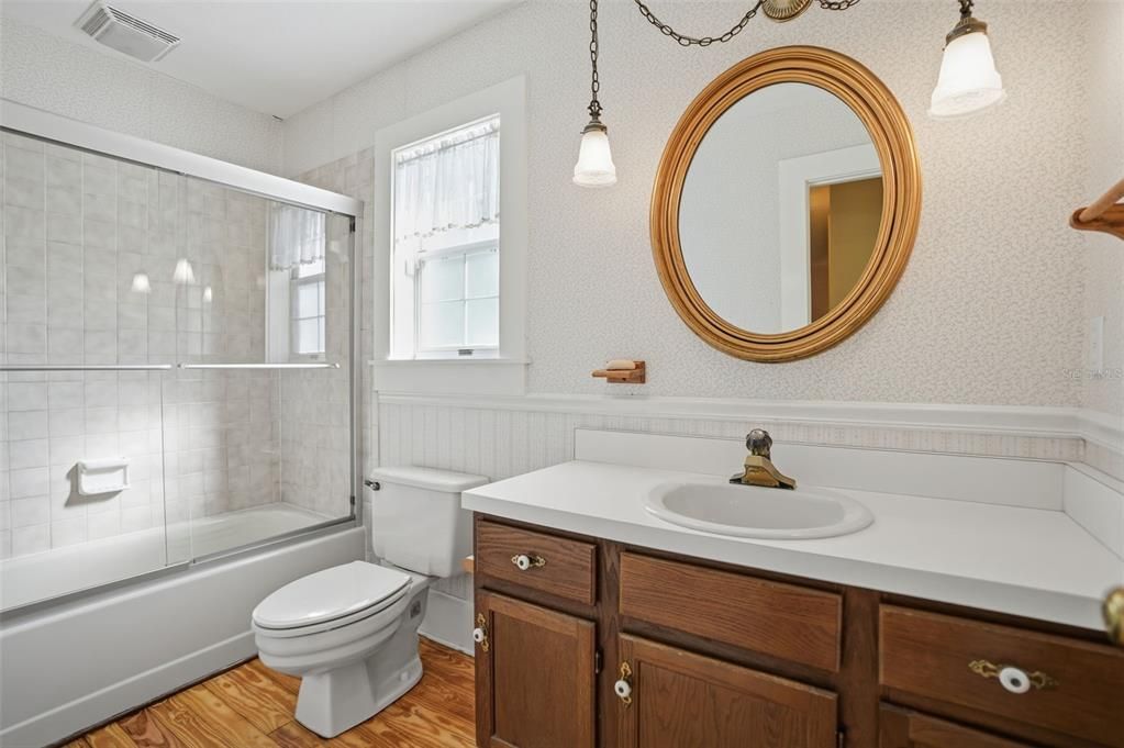 Bathroom, Glass Shower, Interior, Pendant Lights, Wood Texture Flooring