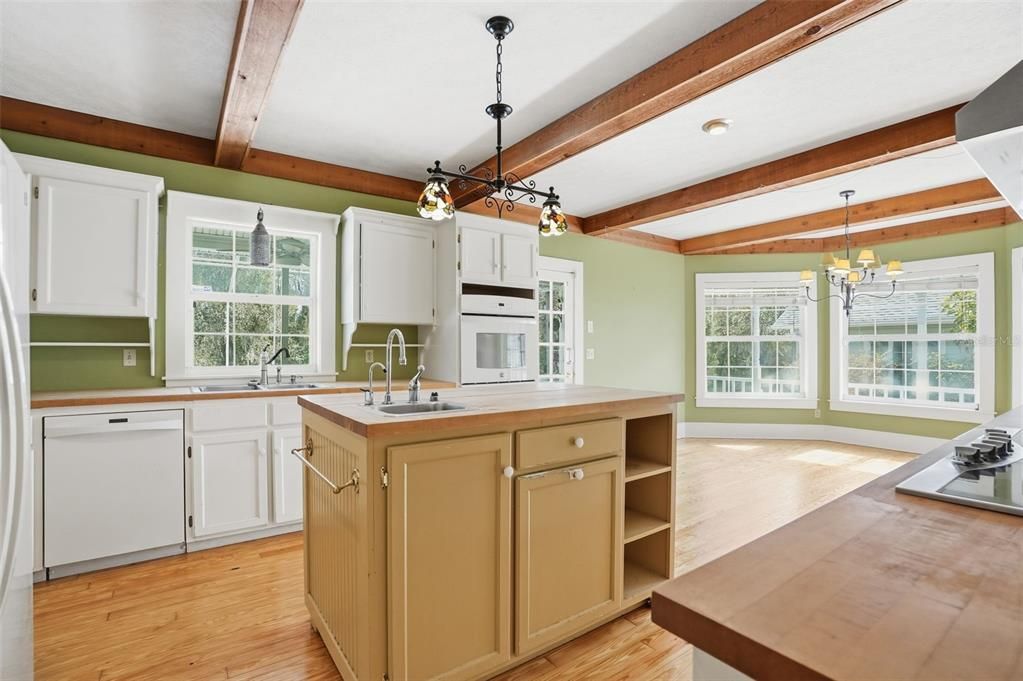 Chandelier, Interior, Kitchen, Pendant Lights, Recessed Lighting, Wooden Beams, Wood Texture Flooring