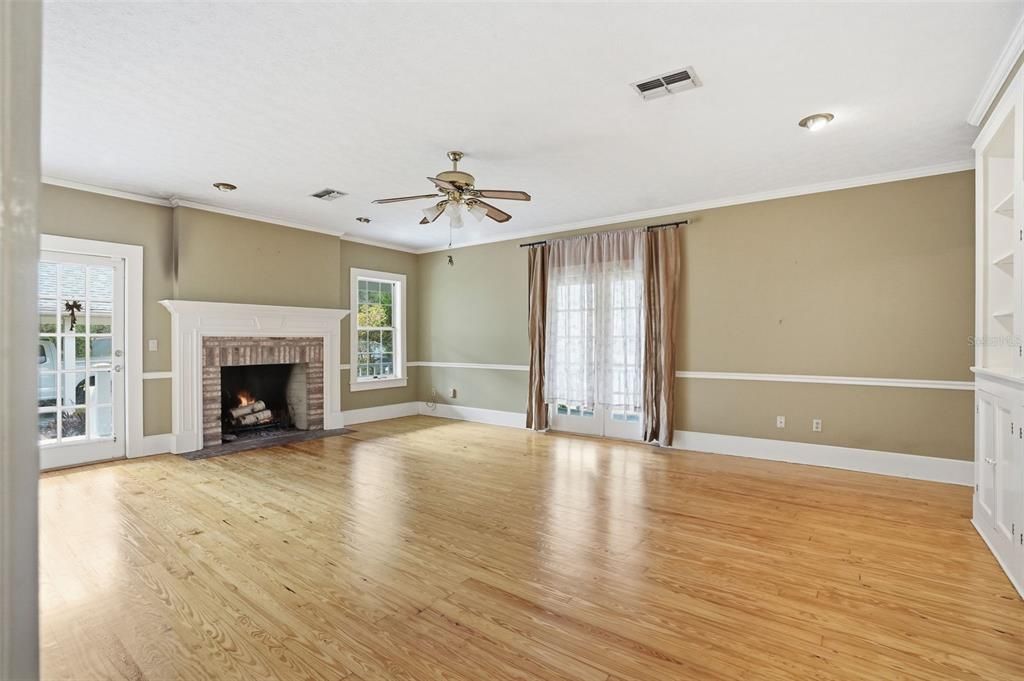 Empty room, Fireplace, Interior, Recessed Lighting, Wood Texture Flooring