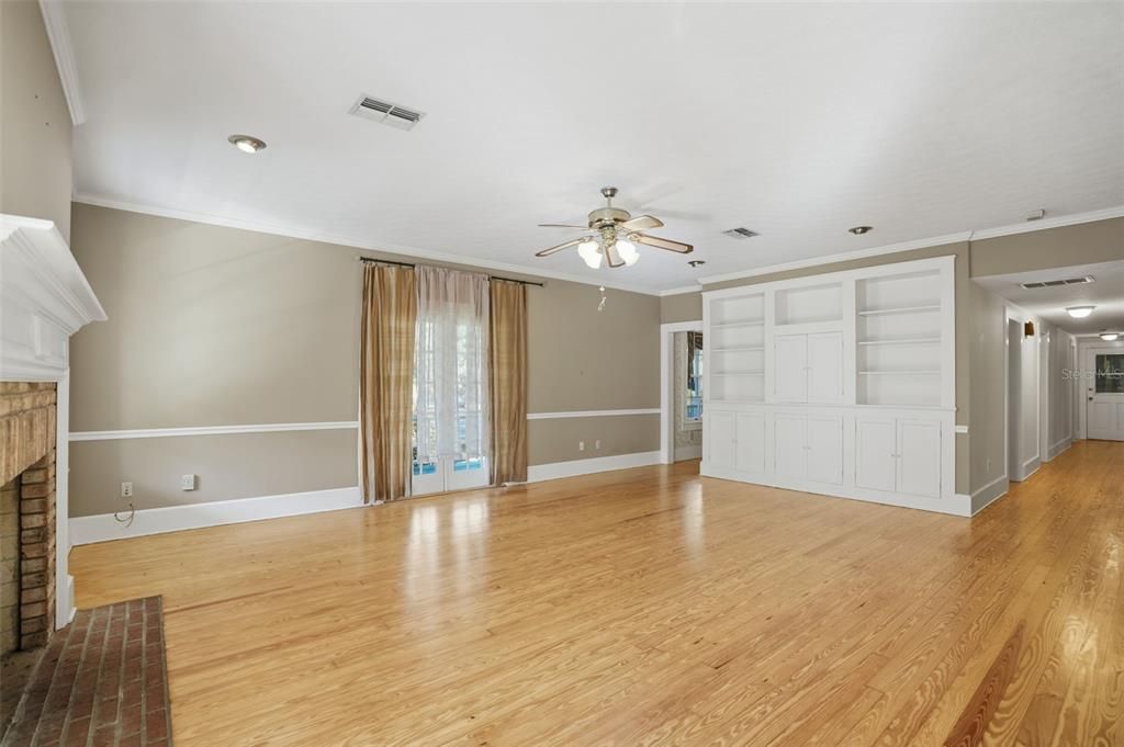 Empty room, Fireplace, Interior, Recessed Lighting, Wood Texture Flooring