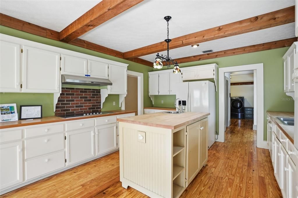 Interior, Kitchen, Pendant Lights, Recessed Lighting, Wooden Beams, Wood Texture Flooring