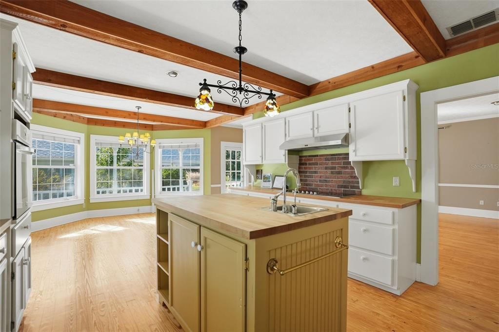 Interior, Kitchen, Pendant Lights, Wooden Beams, Wood Texture Flooring