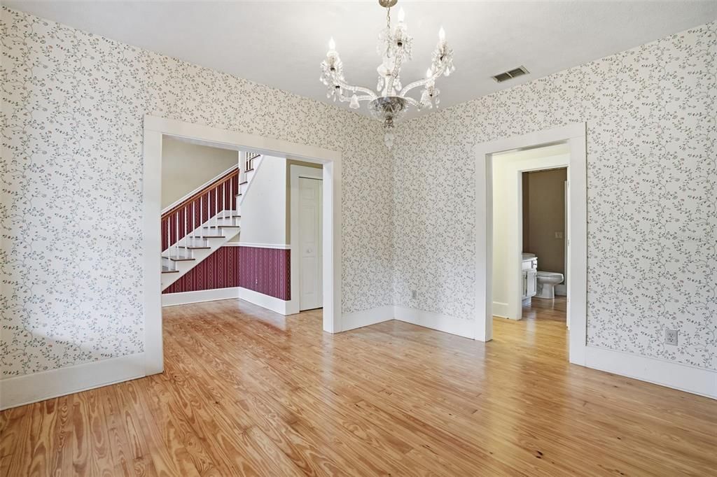 Bathroom, Chandelier, Empty room, Interior, Wood Texture Flooring