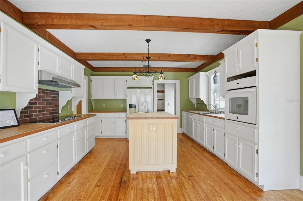 Interior, Kitchen, Pendant Lights, Wooden Beams, Wood Texture Flooring