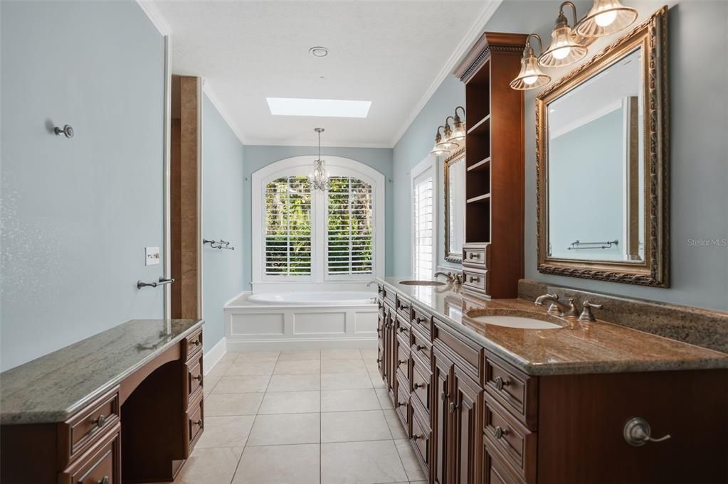 Bathroom, Chandelier, Dual Sink Vanities, Interior, Recessed Lighting