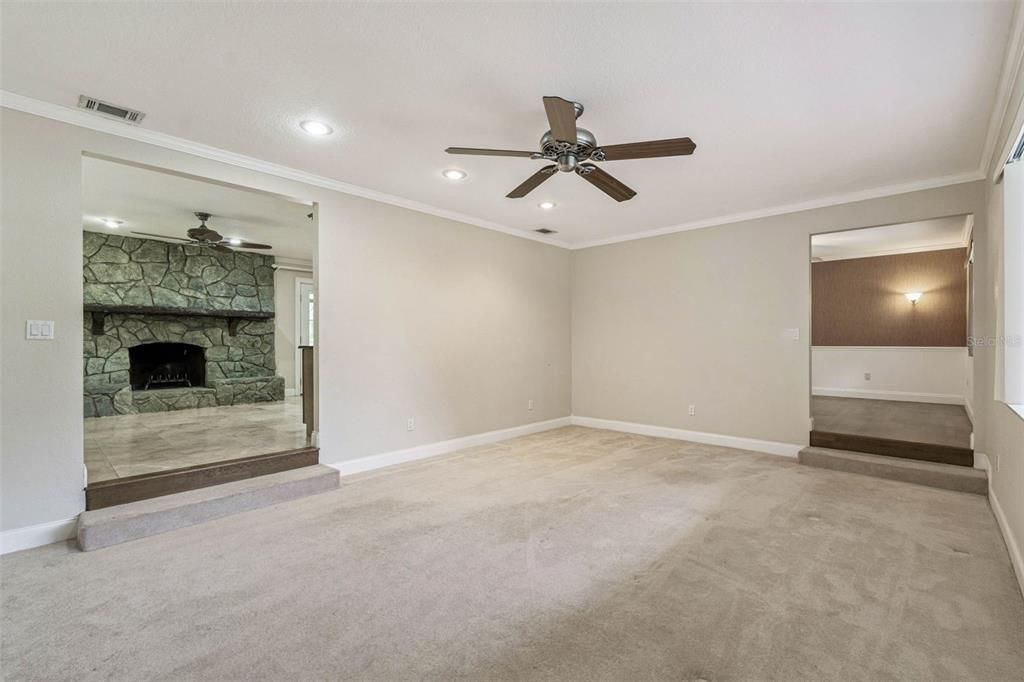 Empty room, Fireplace, Interior, Recessed Lighting, Stone Walls