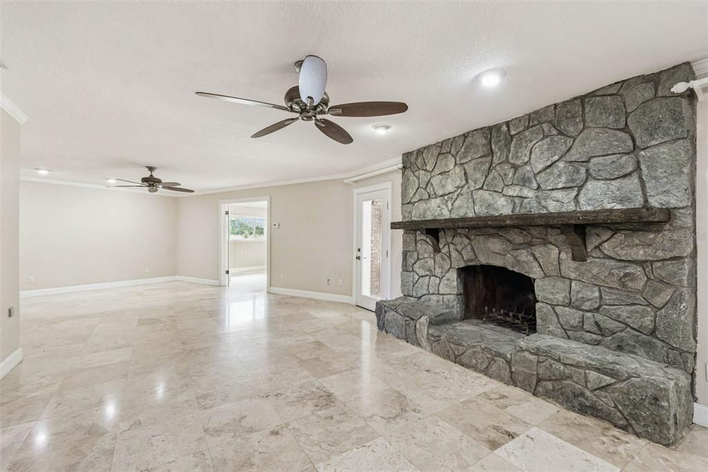 Empty room, Fireplace, Interior, Recessed Lighting, Stone Walls