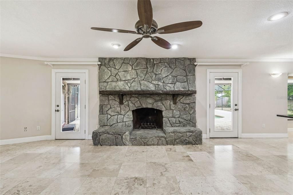 Fireplace, Interior, Recessed Lighting, Stone Walls