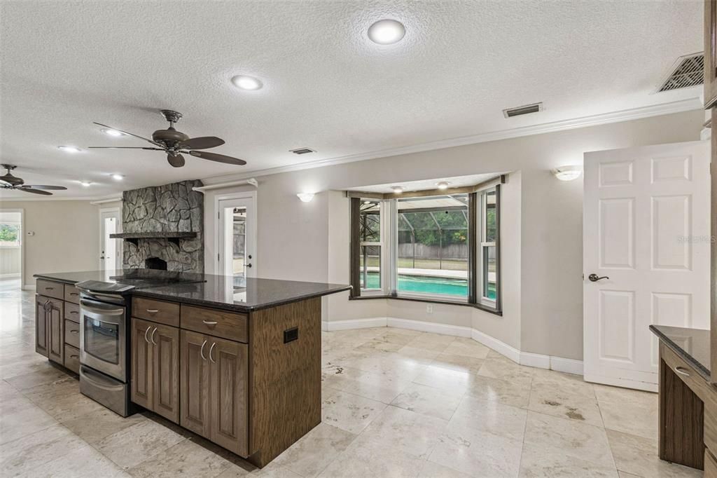 Interior, Kitchen, Recessed Lighting, Stone Walls
