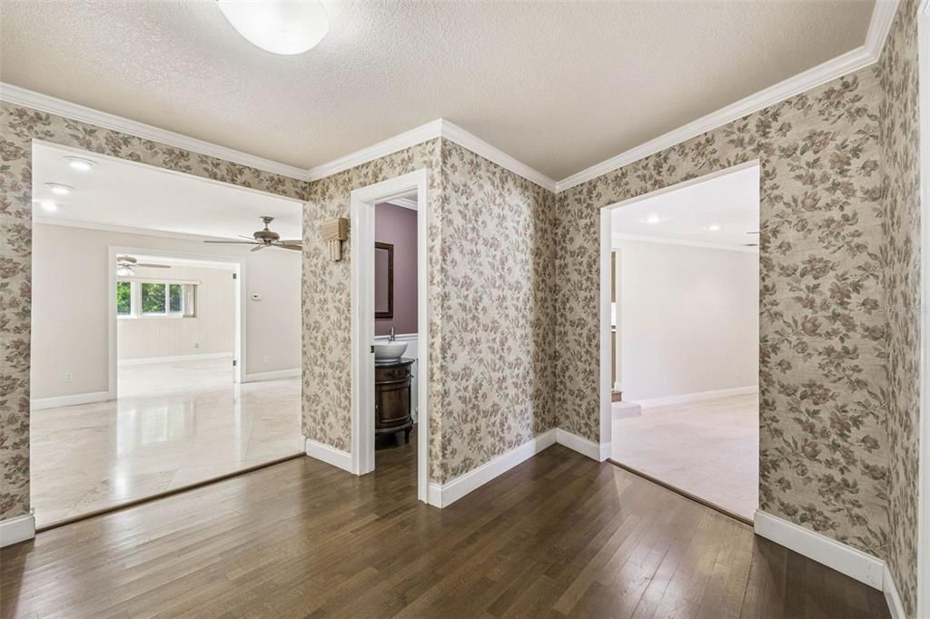 Bathroom, Empty room, Interior, Recessed Lighting, Wood Texture Flooring