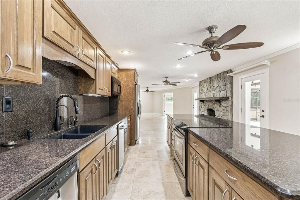 Fireplace, Interior, Kitchen, Recessed Lighting, Stone Walls