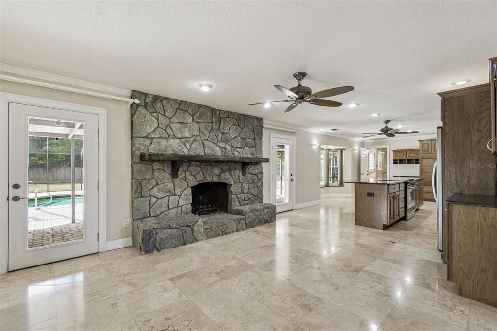 Fireplace, Interior, Kitchen, Recessed Lighting, Stone Walls