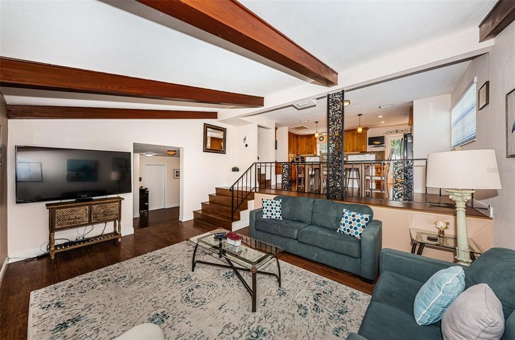 Interior, Kitchen, Living room, Pendant Lights, Wooden Beams, Wood Texture Flooring