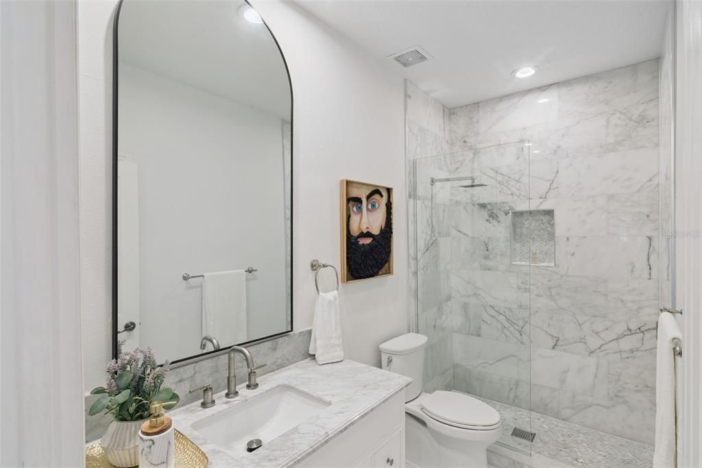 Bathroom, Glass Shower, Interior, Marble, Marble Walls, Recessed Lighting