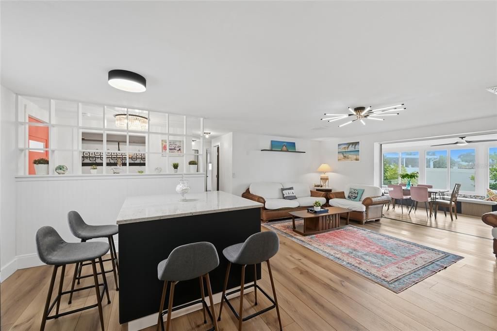 Dining room, Interior, Living room, Pendant Lights, Water, Wood Texture Flooring