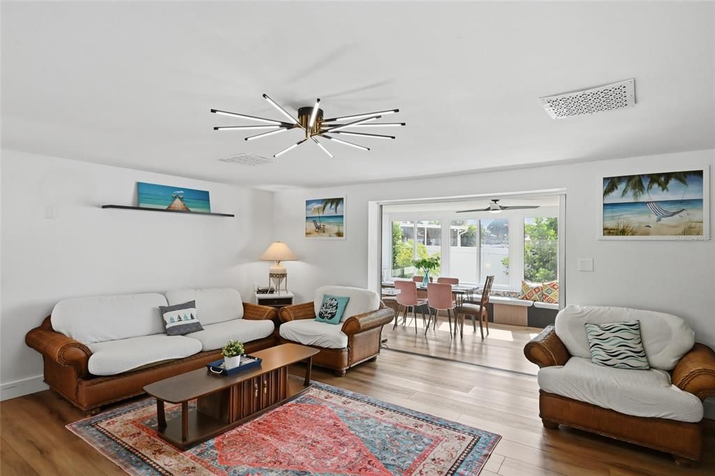 Dining room, Interior, Living room, Pendant Lights, Wood Texture Flooring
