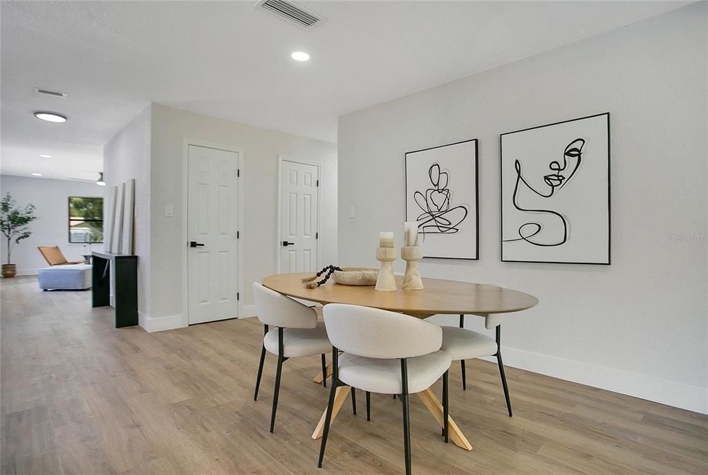Dining room, Interior, Recessed Lighting, Wood Texture Flooring