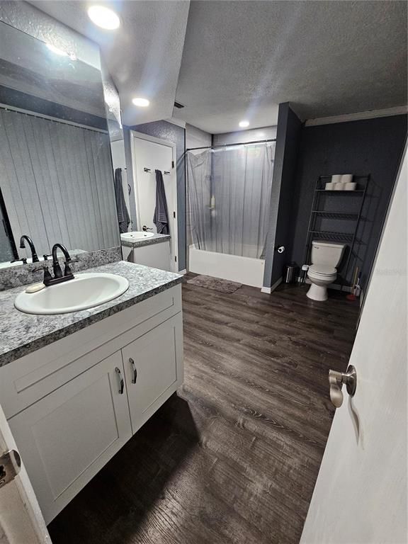 Bathroom, Dual Sink Vanities, Interior, Recessed Lighting, Wood Texture Flooring