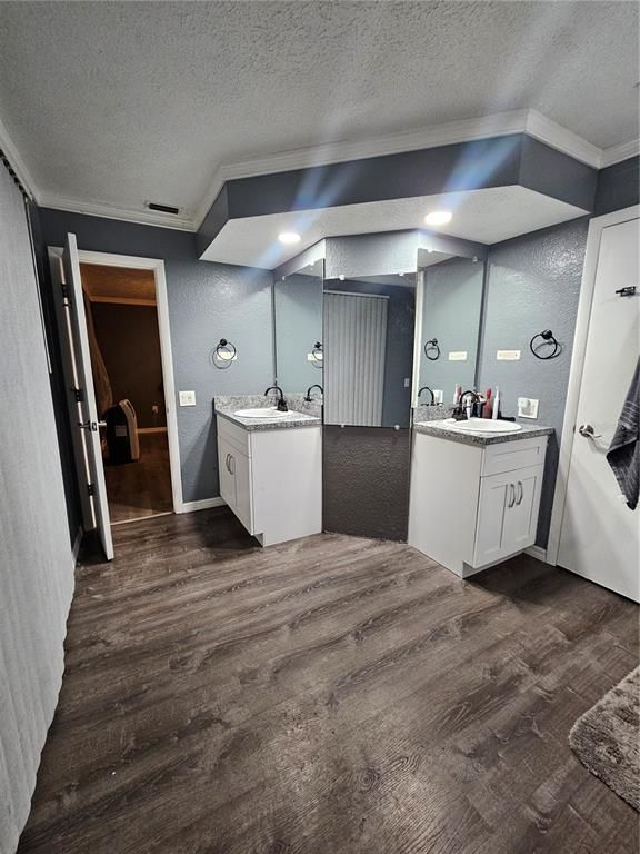 Bathroom, Dual Sink Vanities, Interior, Recessed Lighting, Wood Texture Flooring