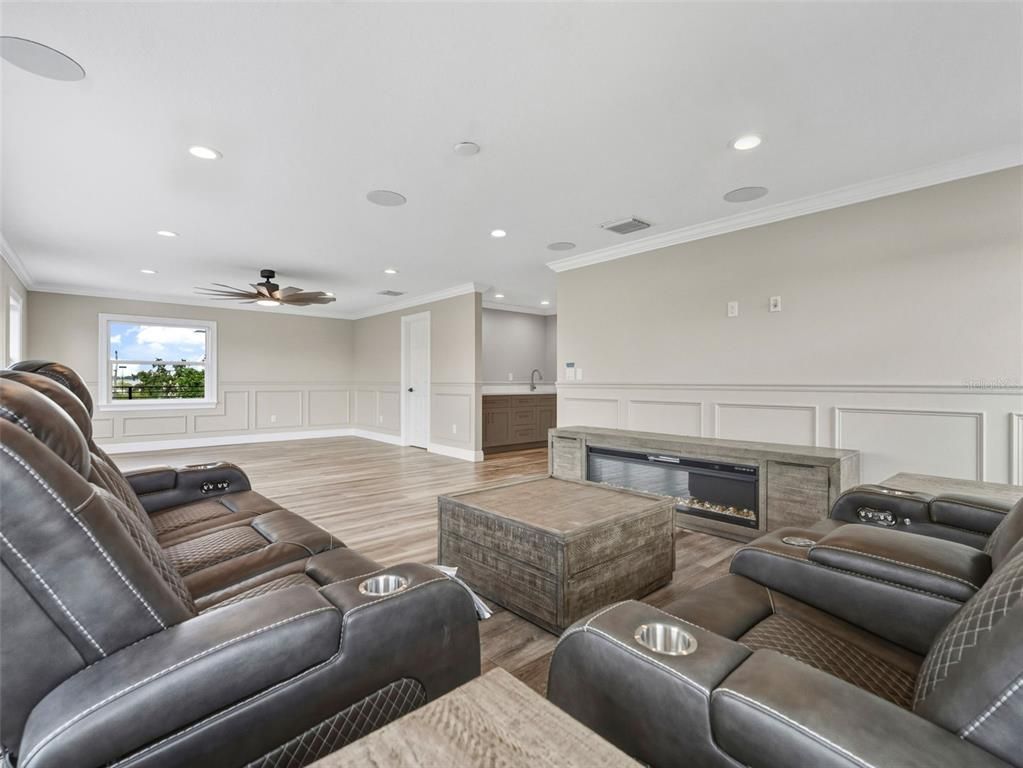 Home Theatre Room, Fireplace, Interior, Living room, Recessed Lighting, Wood Texture Flooring