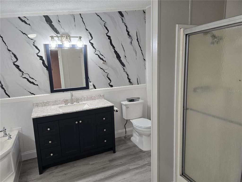 Bathroom, Interior, Marble Walls, Wood Texture Flooring