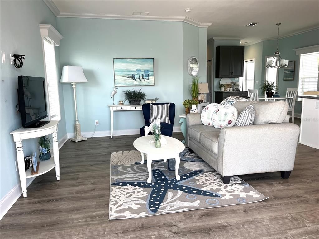 Dining room, Interior, Kitchen, Living room, Pendant Lights, Wood Texture Flooring