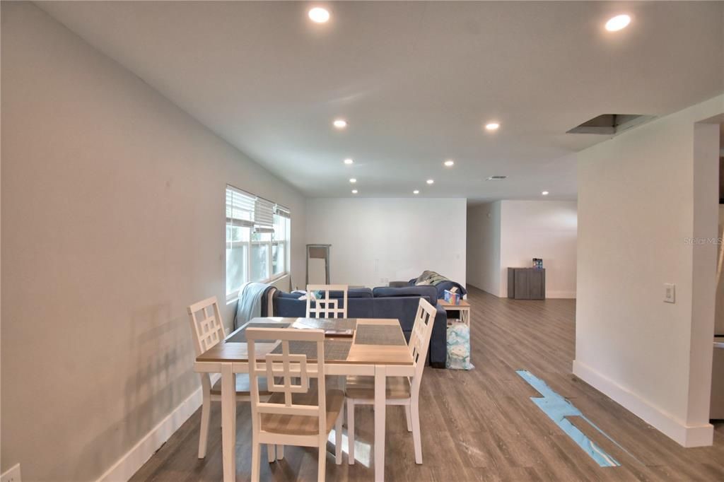 Dining room, Interior, Living room, Recessed Lighting, Wood Texture Flooring