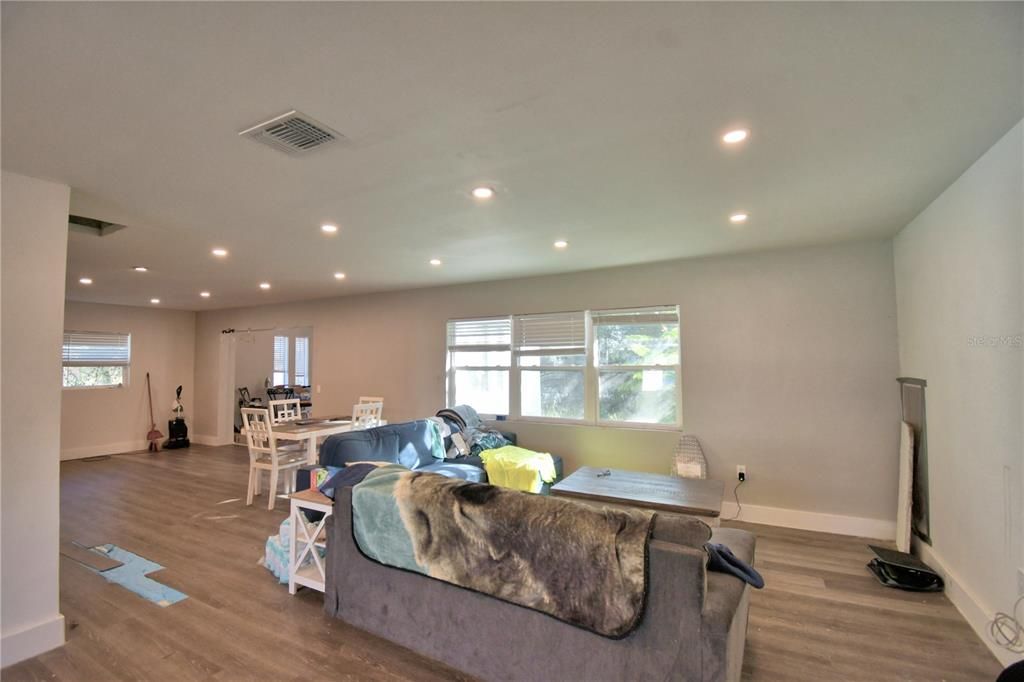 Dining room, Interior, Recessed Lighting, Wood Texture Flooring