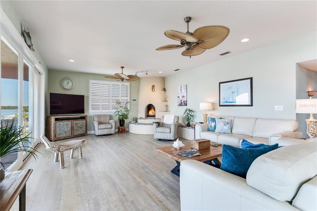 Fireplace, Interior, Living room, Recessed Lighting, Wood Texture Flooring