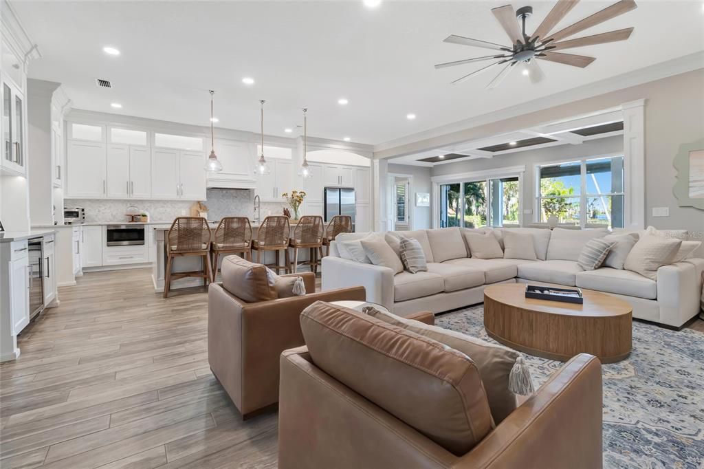 Interior, Kitchen, Living room, Pendant Lights, Recessed Lighting, Wood Texture Flooring