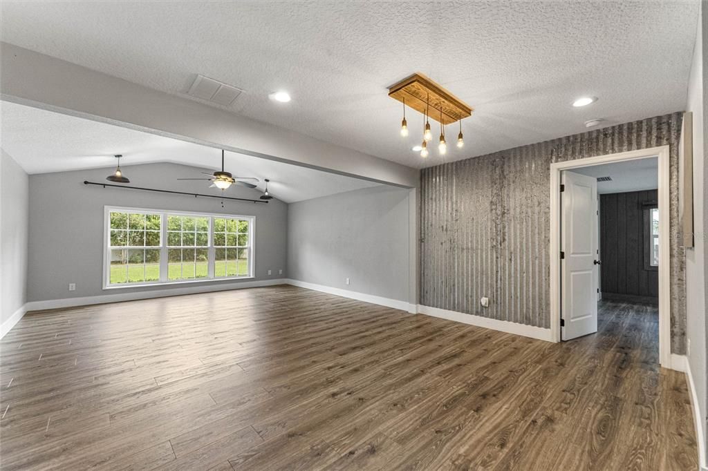 Empty room, Interior, Pendant Lights, Recessed Lighting, Wood Texture Flooring
