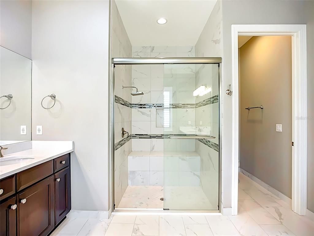 Bathroom, Glass Shower, Interior, Marble, Marble Walls, Recessed Lighting