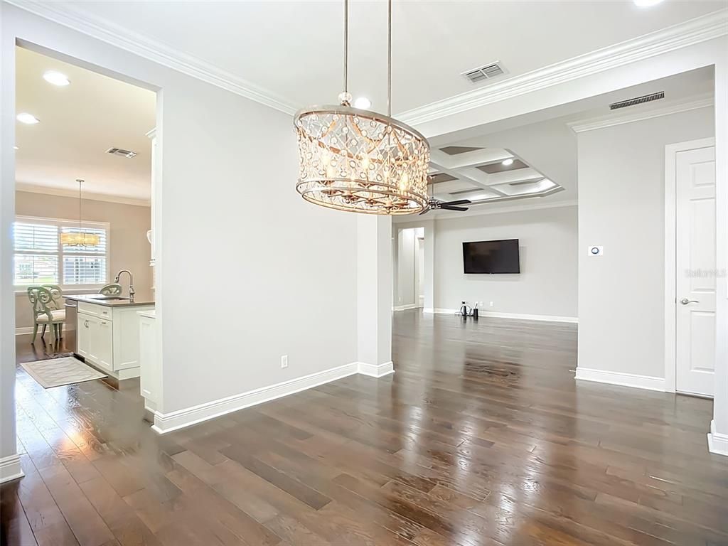 Chandelier, Interior, Kitchen, Pendant Lights, Recessed Lighting, Wood Texture Flooring
