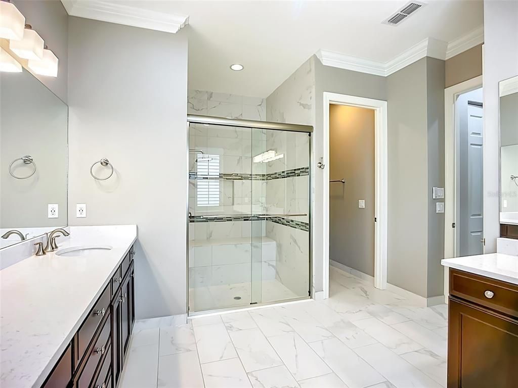 Bathroom, Glass Shower, Interior, Marble, Marble Walls, Recessed Lighting