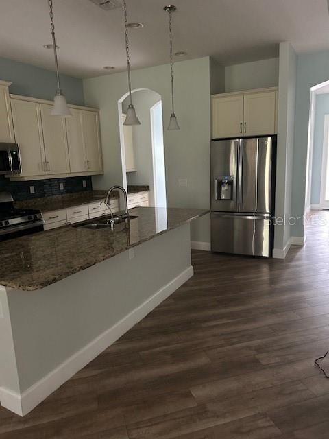 Interior, Kitchen, Pendant Lights, Stainless Steel Appliances, Wood Texture Flooring