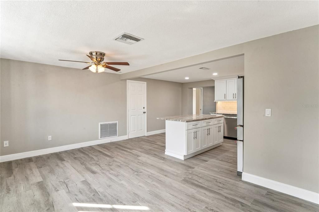 Empty room, Interior, Kitchen, Recessed Lighting, Wood Texture Flooring