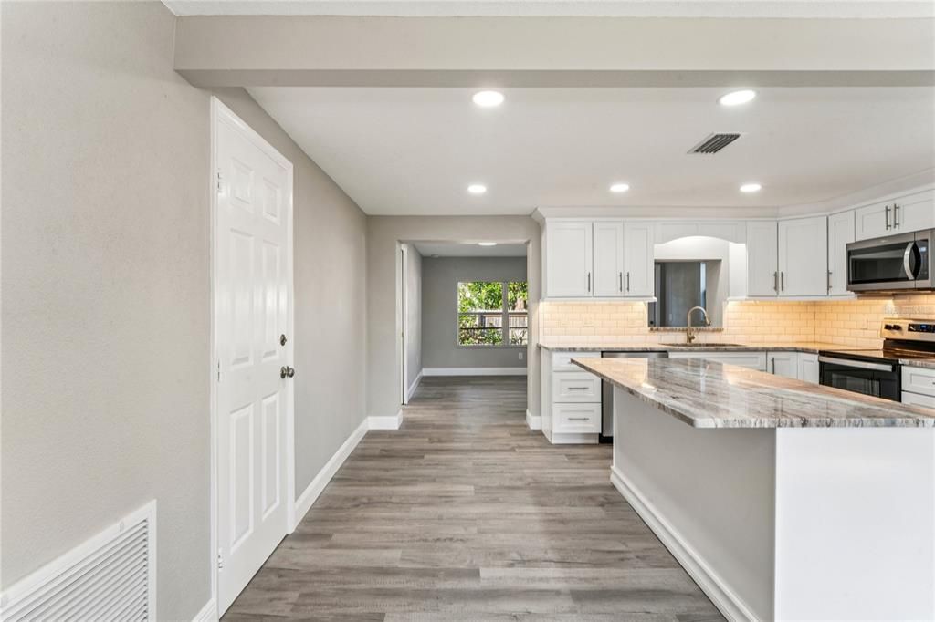 Interior, Kitchen, Recessed Lighting, Wood Texture Flooring