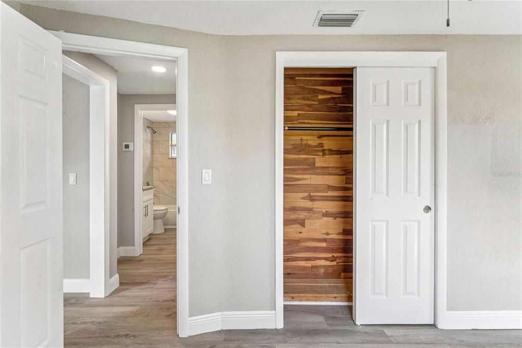 Bathroom, Interior, Recessed Lighting, Wood Texture Flooring, Wooden Walls