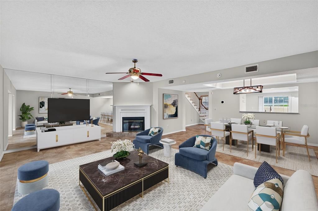 Dining room, Fireplace, Interior, Living room, Pendant Lights