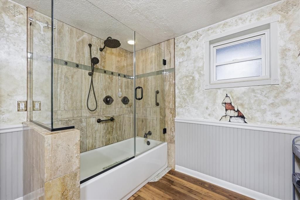Bathroom, Glass Shower, Interior, Wood Texture Flooring